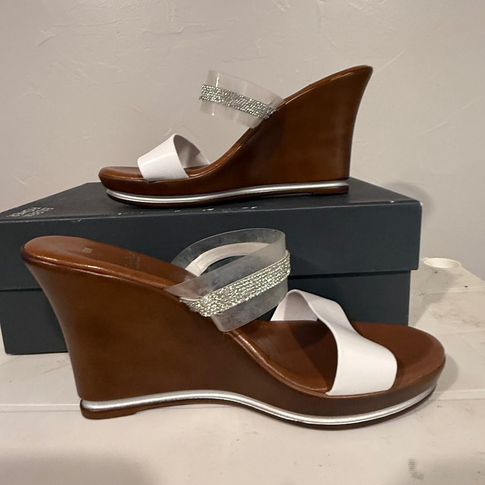 Contesa Wedge Sandals Women 8M White Brown Clear Good Rhinestone Made in Italy